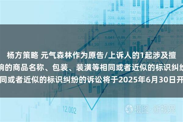 杨方策略 元气森林作为原告/上诉人的1起涉及擅自使用与他人有一定影响的商品名称、包装、装潢等相同或者近似的标识纠纷的诉讼将于2025年6月30日开庭